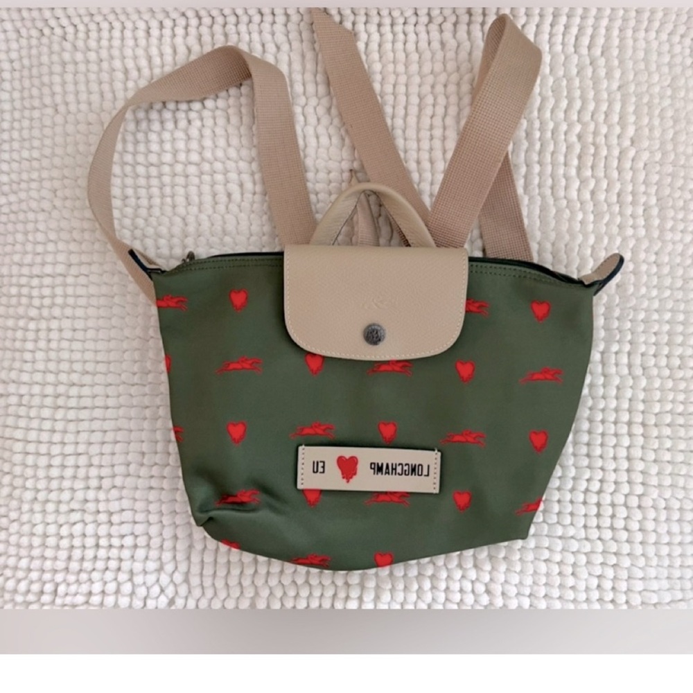 Longchamp Green Nylon Mini Backpack with Red Heart Print and Tan Flap